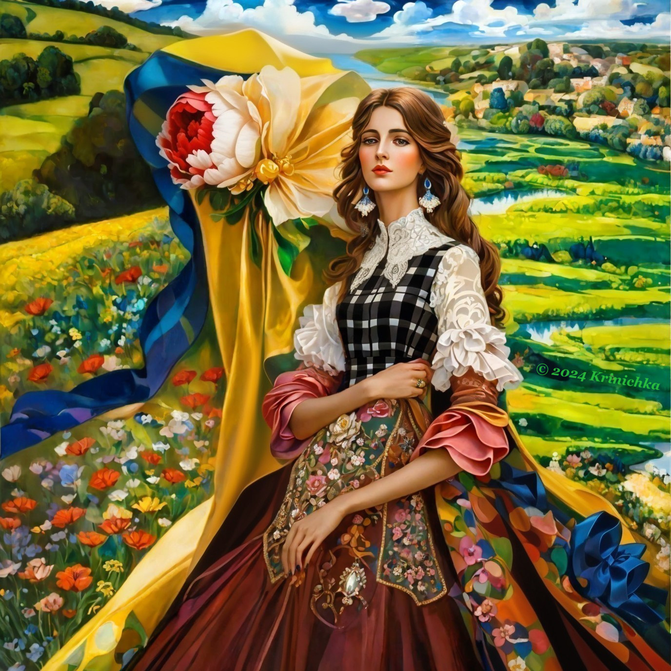 Portrait of a woman in vibrant dress with scenic backdrop