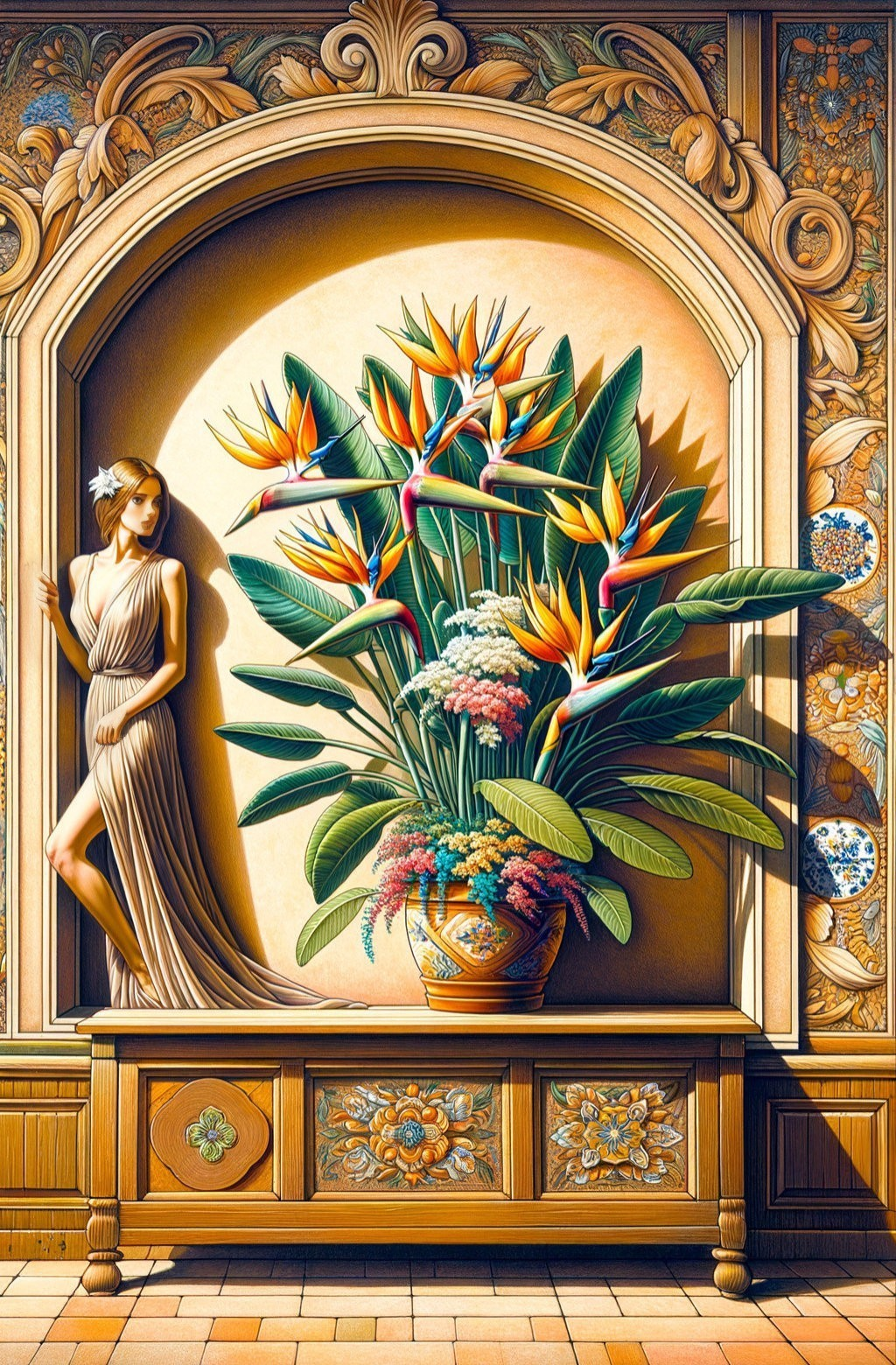 Vibrant Tropical Flowers in Elegant Still-Life Composition