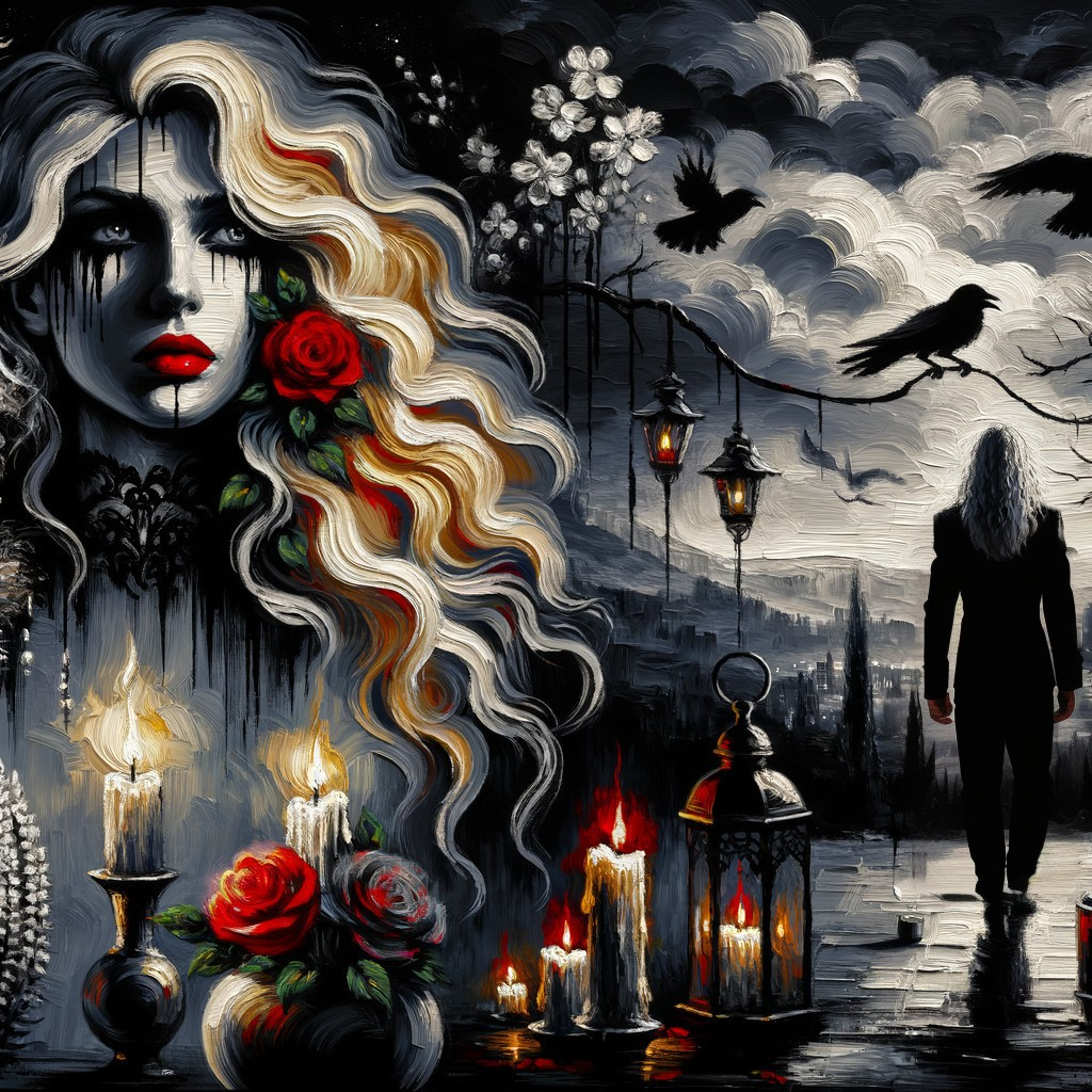 Melancholic Woman Amidst Gothic Atmosphere and Roses