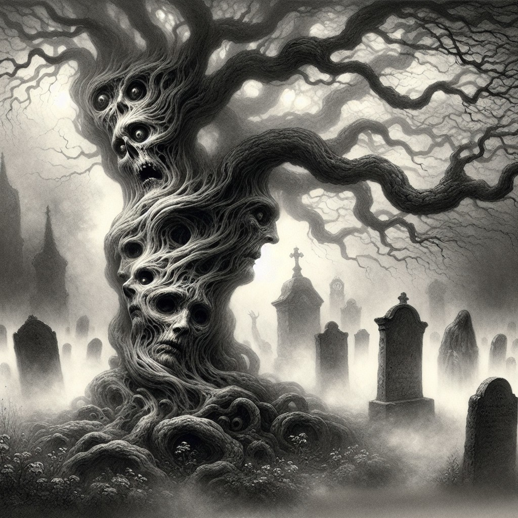 Eerie Graveyard with Twisted Tree and Tombstones