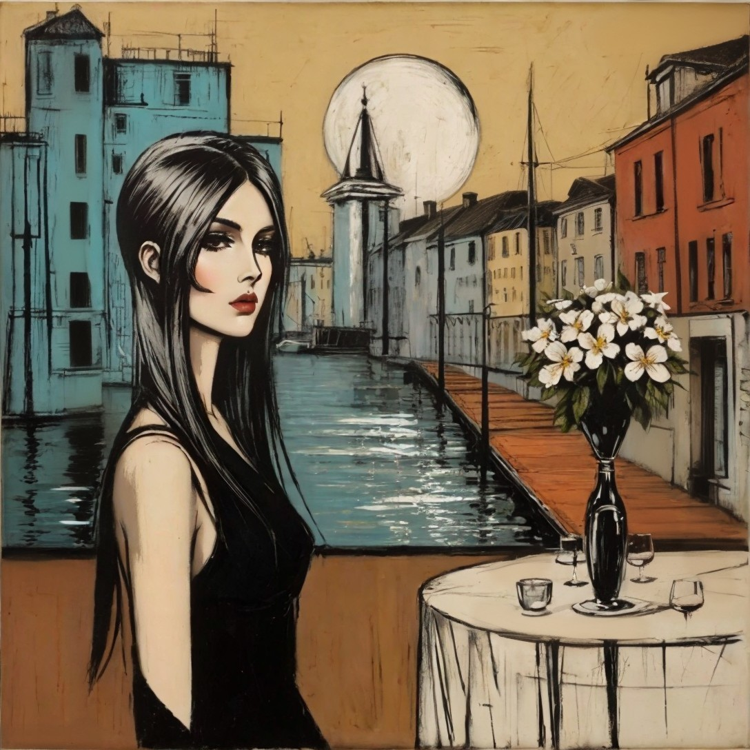 Stylized Portrait of Woman with Waterfront Sunset Scene