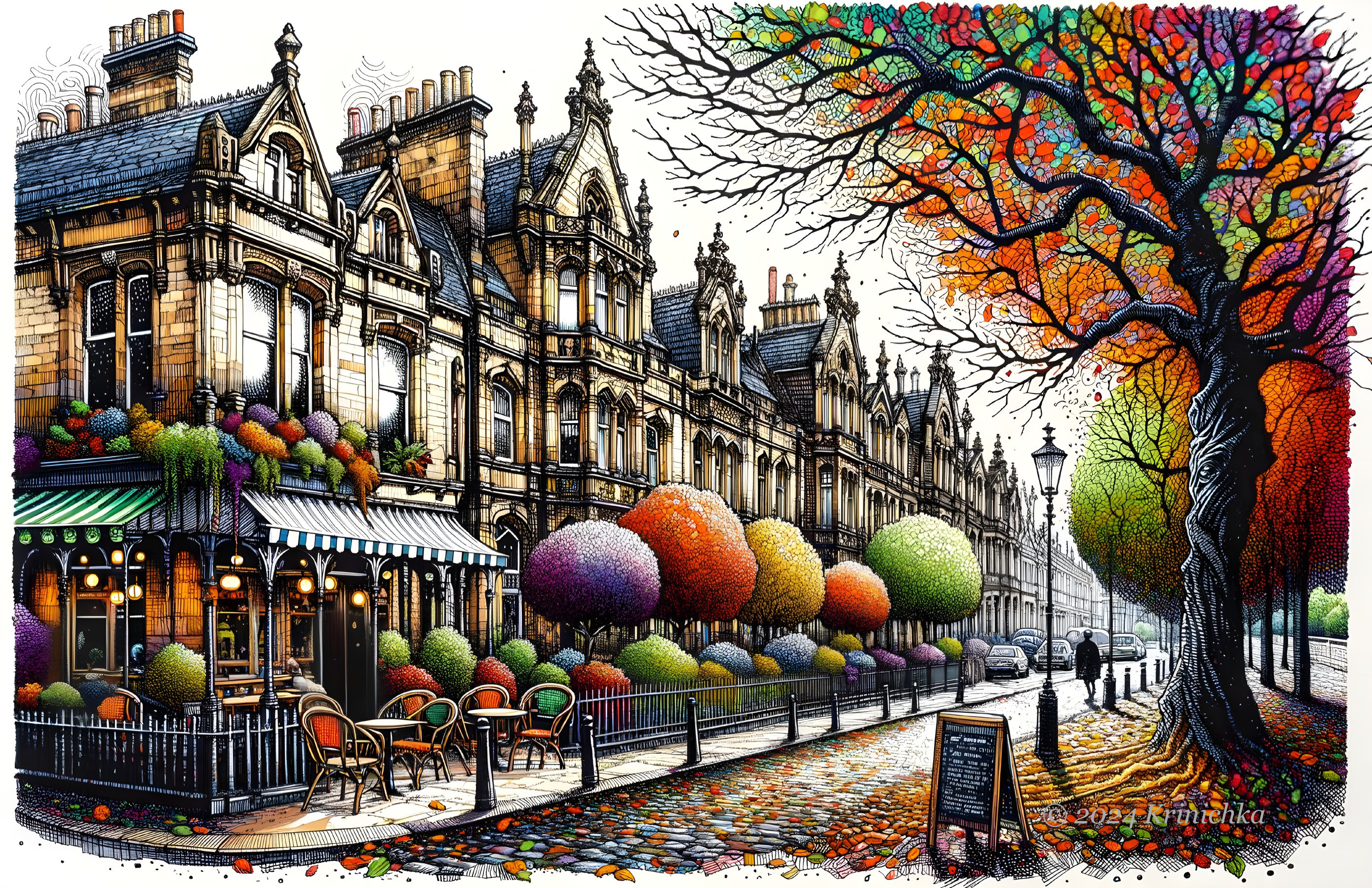 Vibrant Street Scene with Colorful Foliage and Victorian Architecture