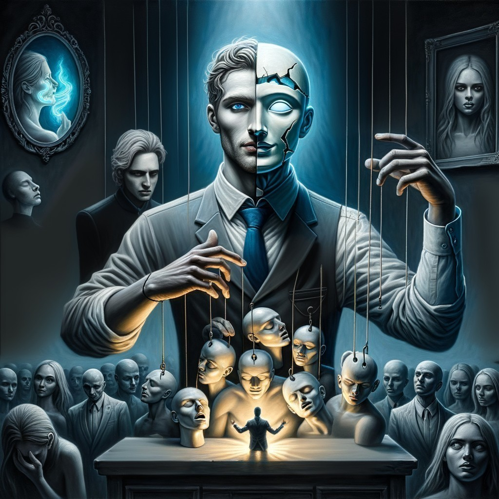 Surreal Scene of Man with Split Face and Puppets