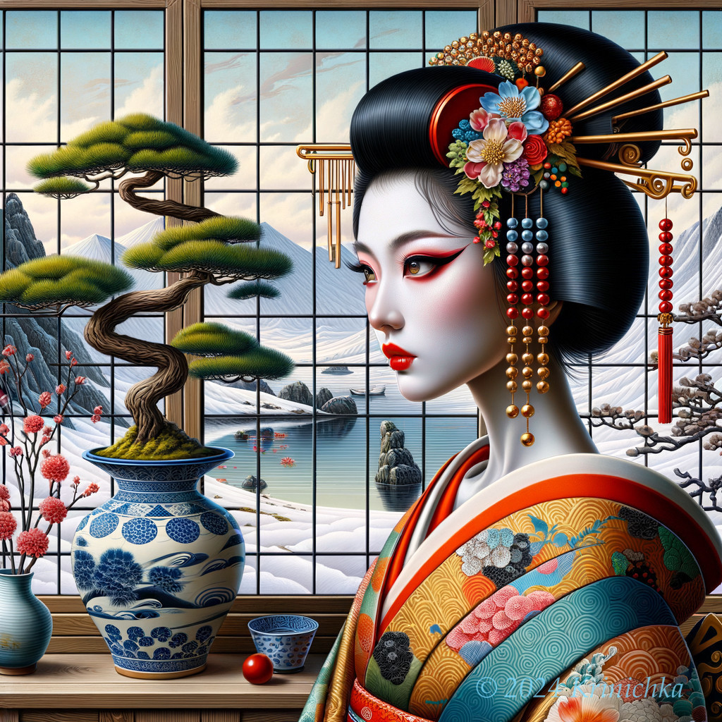 Woman in Traditional Japanese Attire with Bonsai Tree