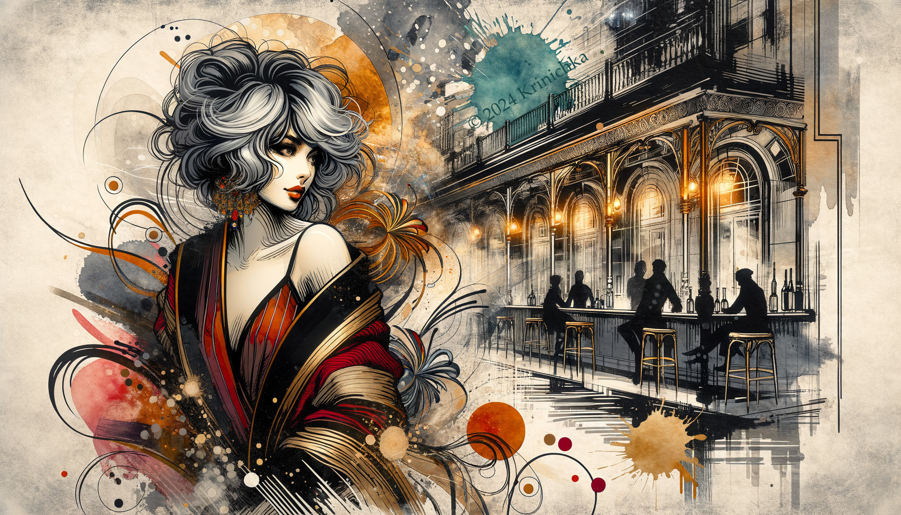 Stylized Woman in Silver Hair at Dimly Lit Bar