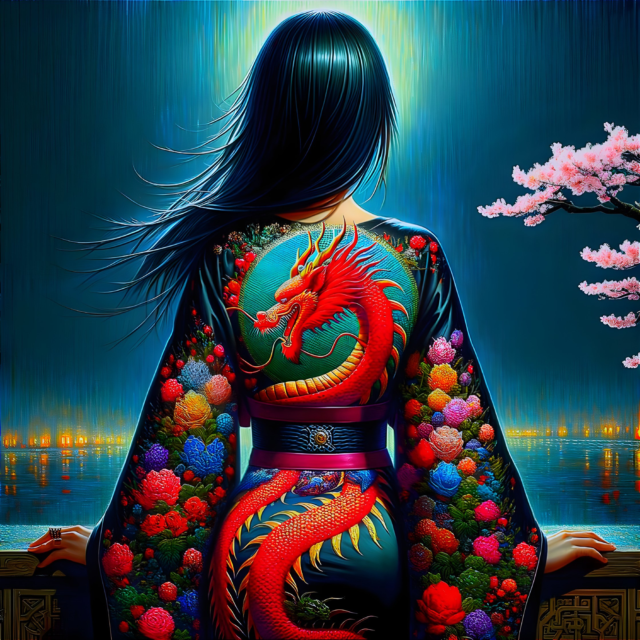 Long-haired person in vibrant dragon kimono gazes at water scene with cherry blossoms and lights