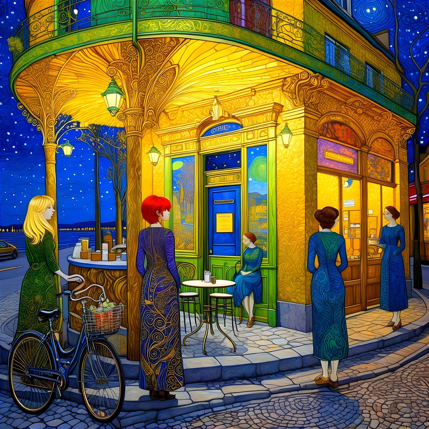 Starry Night Scene at a Charming Café with Women