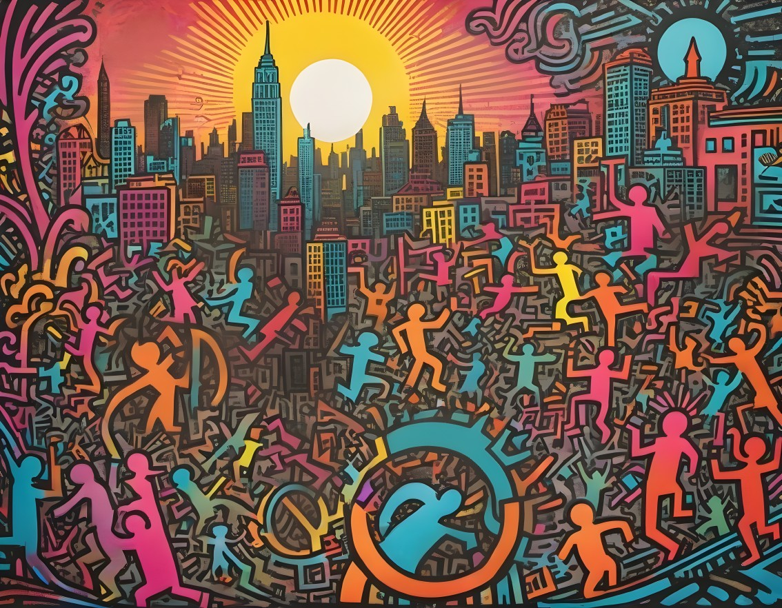 Vibrant Cityscape with Colorful Skyline and Figures