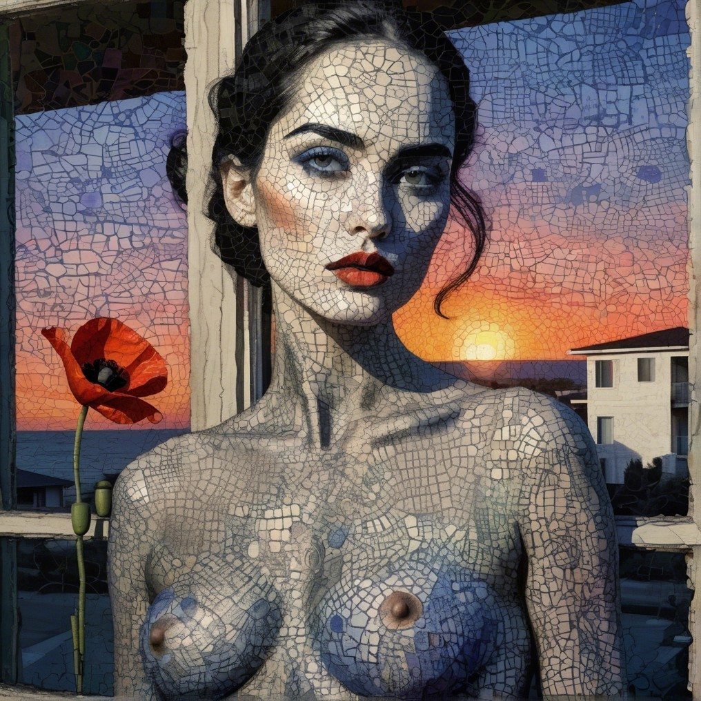 Mosaic Portrait of a Woman with Sunset Background