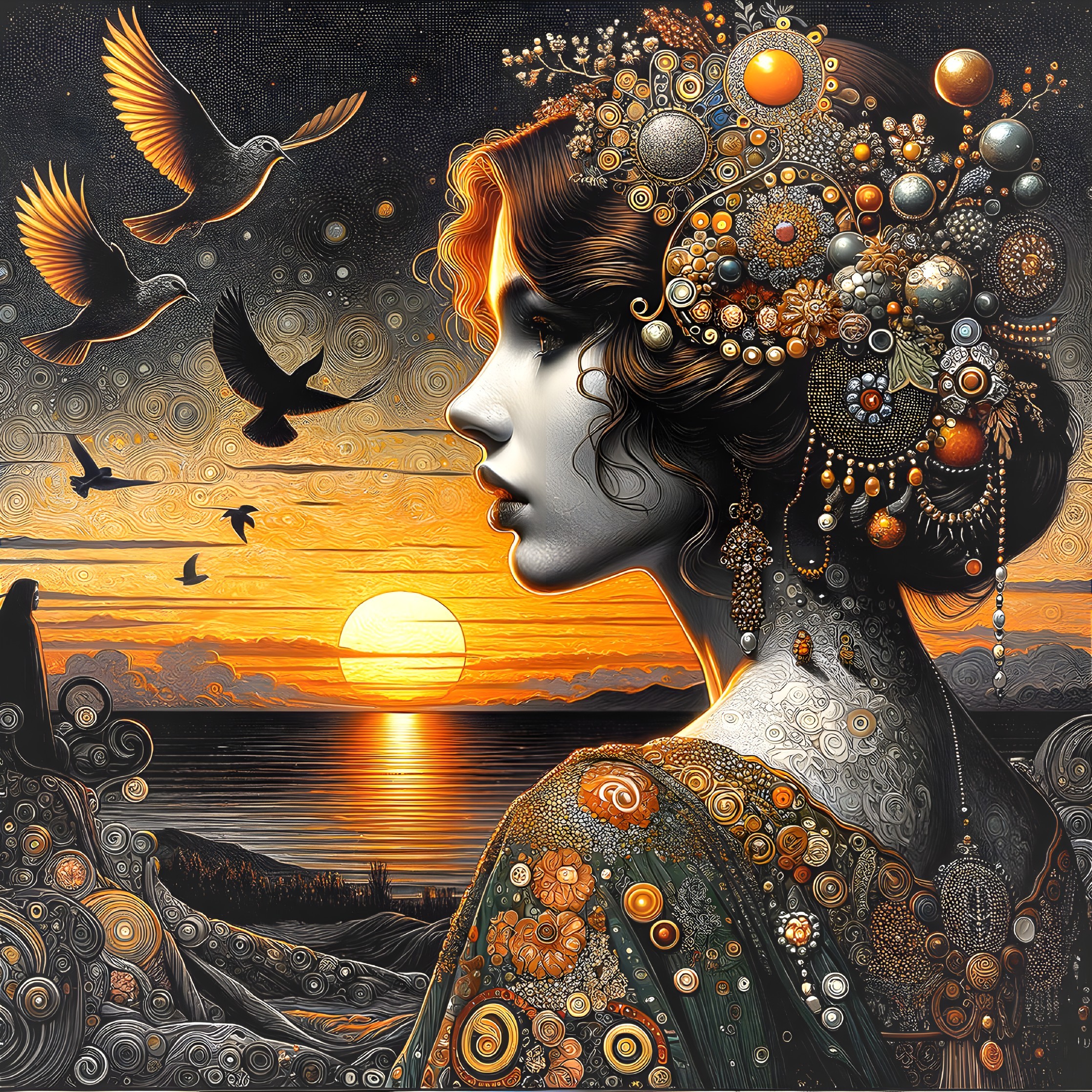 Side-Profiled Woman with Ornate Headdress Overlooking Sunset and Birds