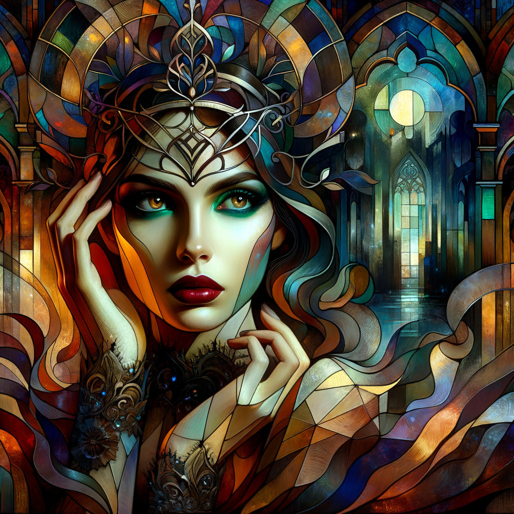 Captivating Woman with Green Eyes and Stained Glass