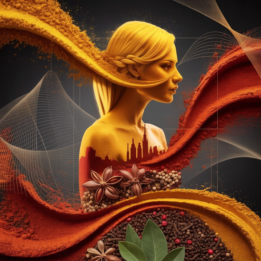 Artistic depiction of a woman with golden skin and spices
