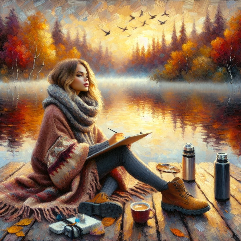 Young woman on dock by serene lake in autumn foliage