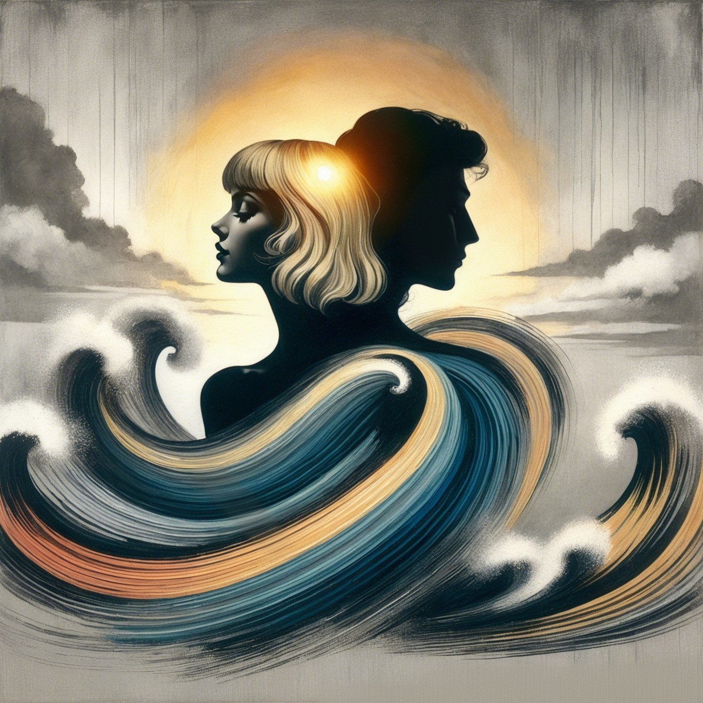 Silhouette of Boy and Girl Against Swirling Waves