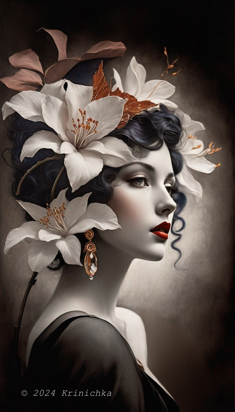 Stylized portrait of a woman with dark hair and flowers