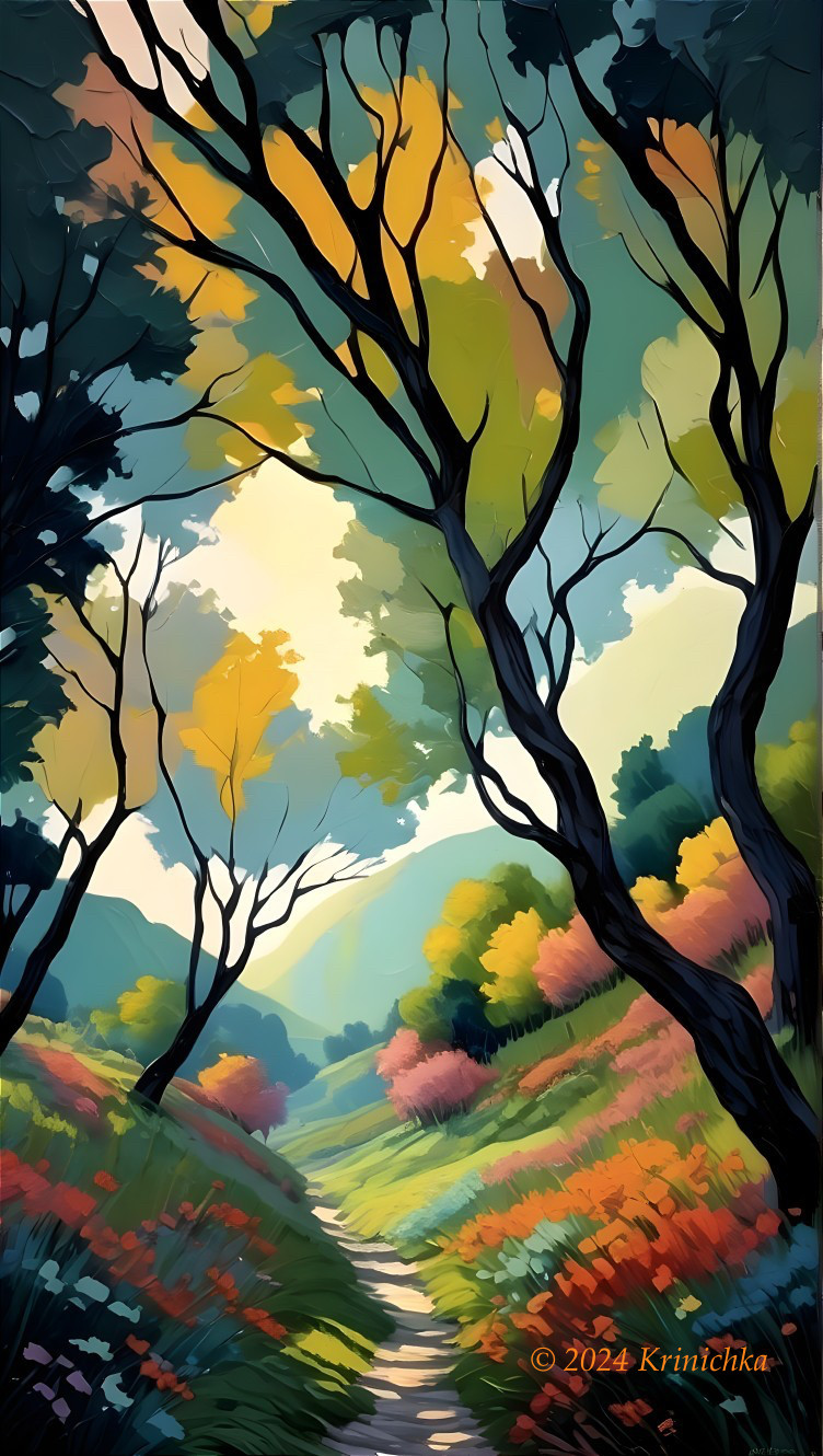 Vibrant Painting of a Wooded Path with Colorful Foliage