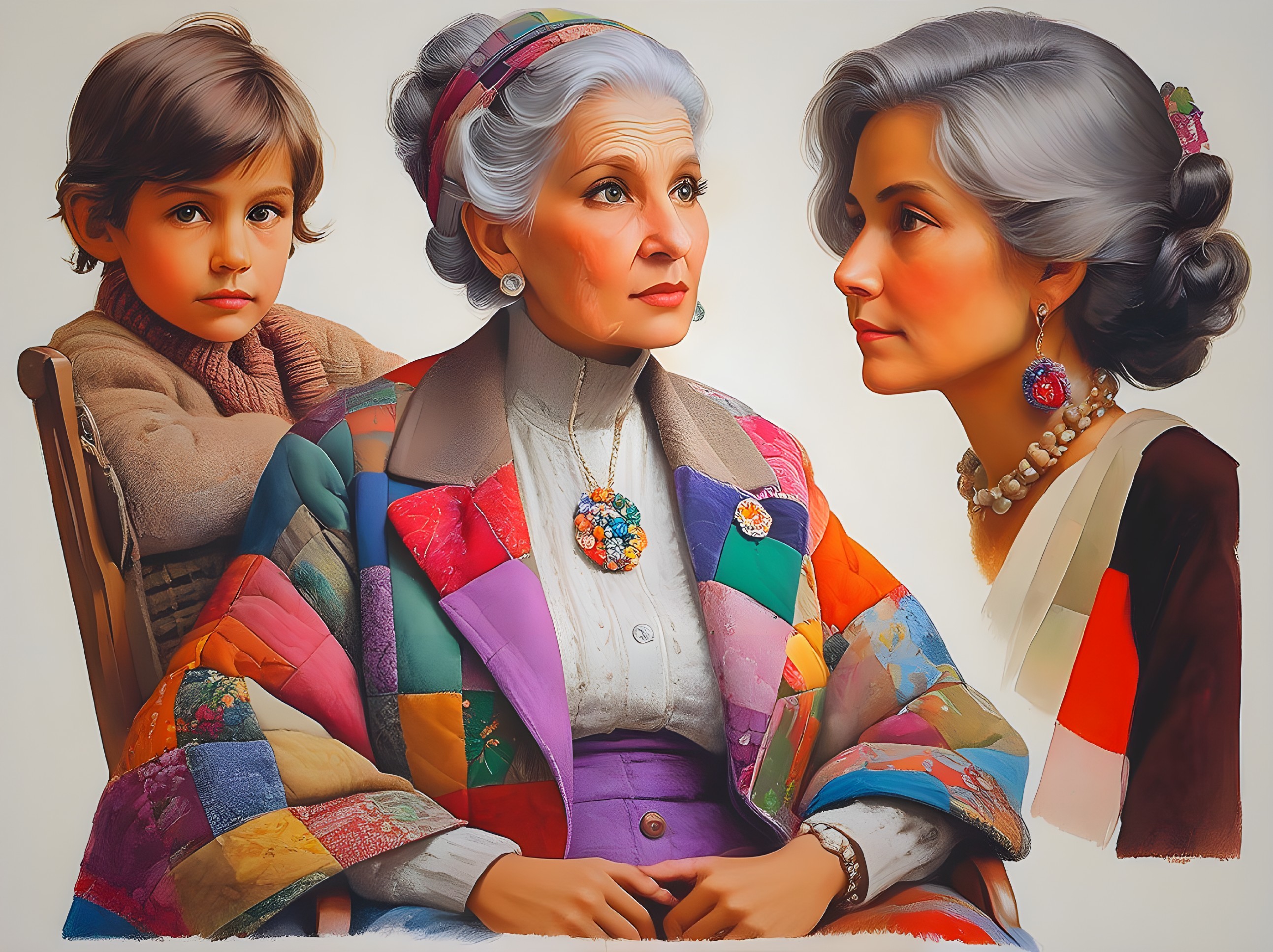 Generational women in colorful quilt - digital painting
