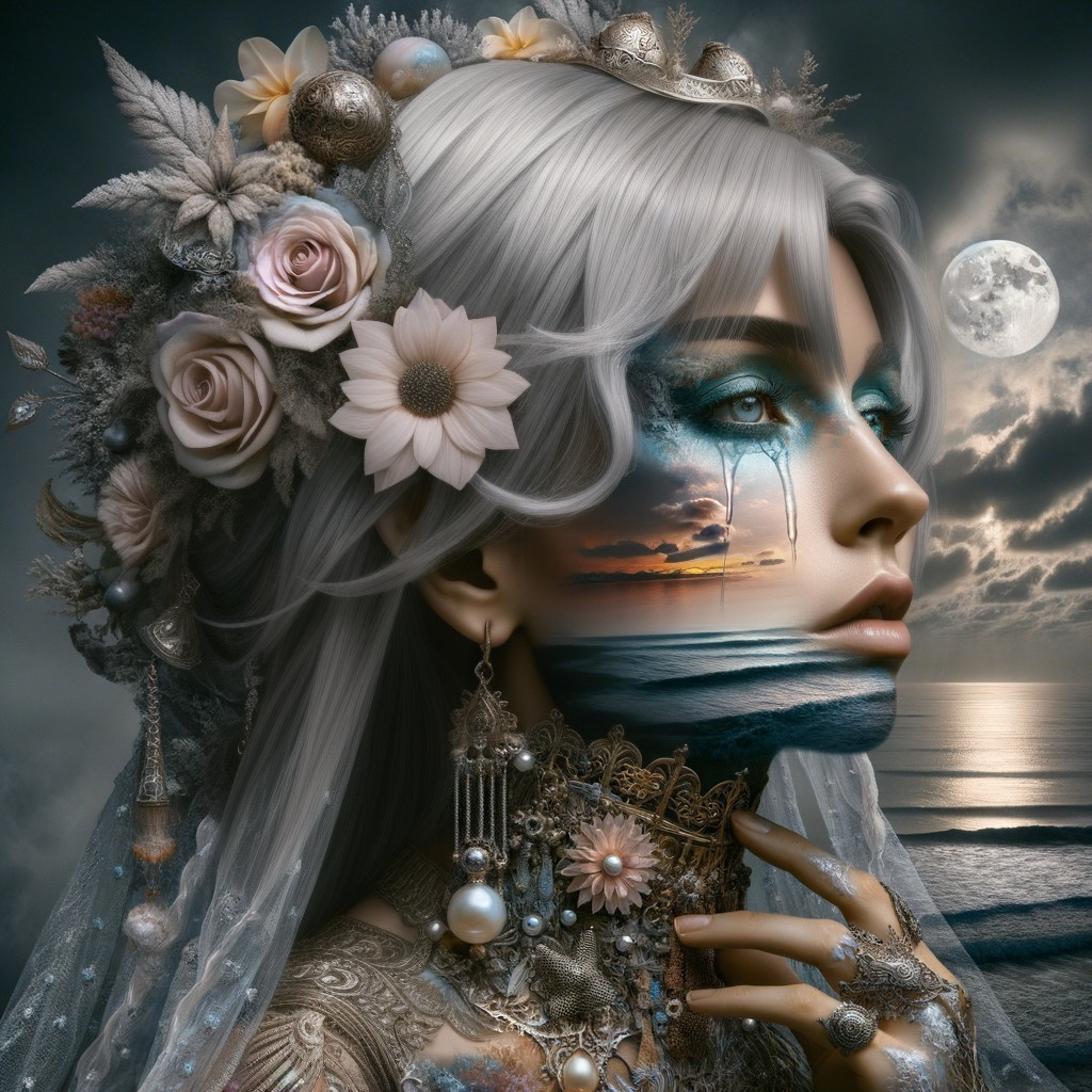 Woman with Silver Hair and Sunset Landscape Makeup
