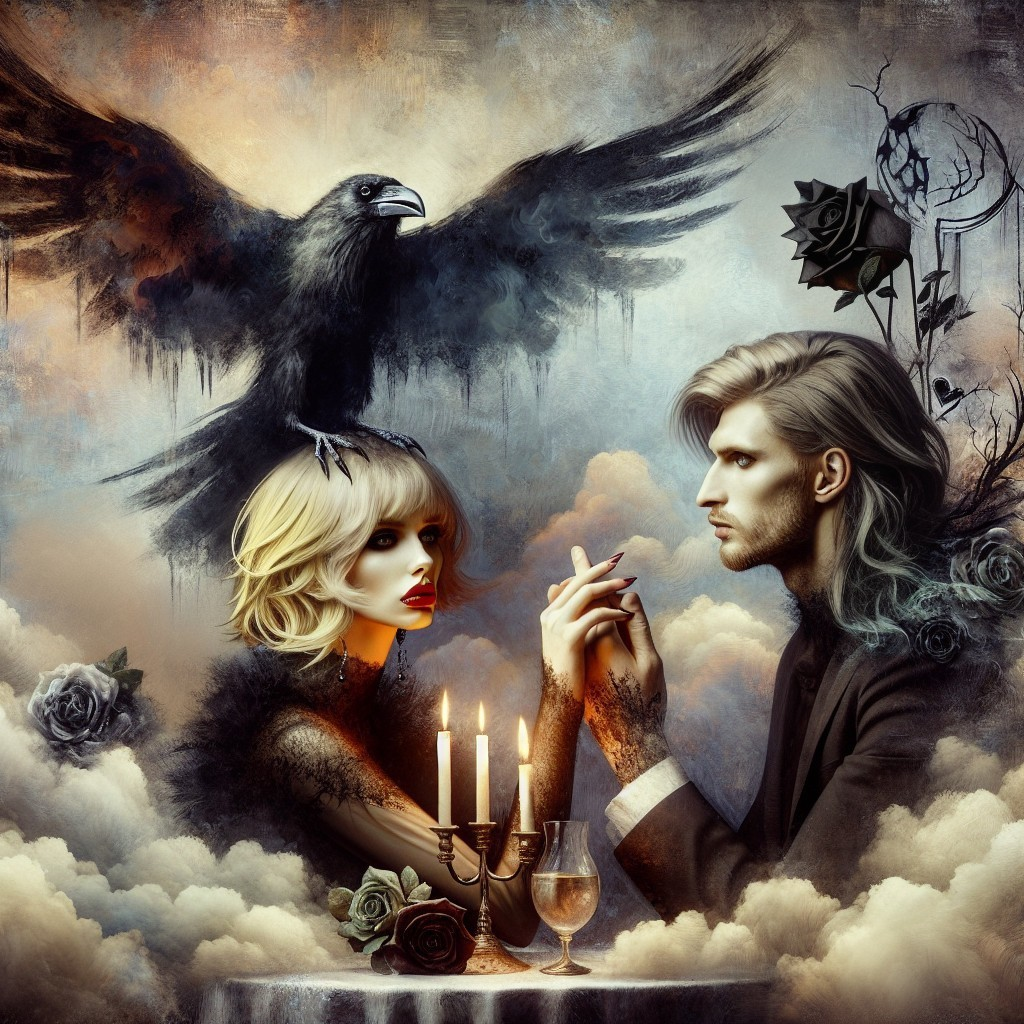 Couple at Ornate Table with Raven and Candlelight