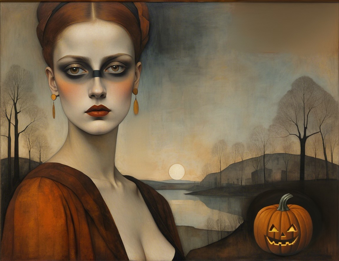 Portrait of a Woman in Orange Gown with Sunset Background