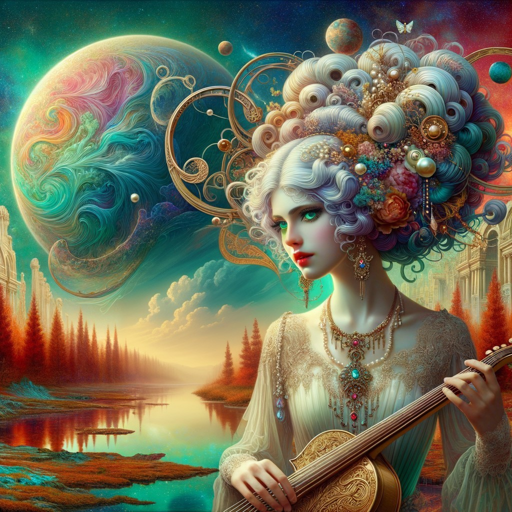 Ethereal Woman Playing Lute in Cosmic Landscape