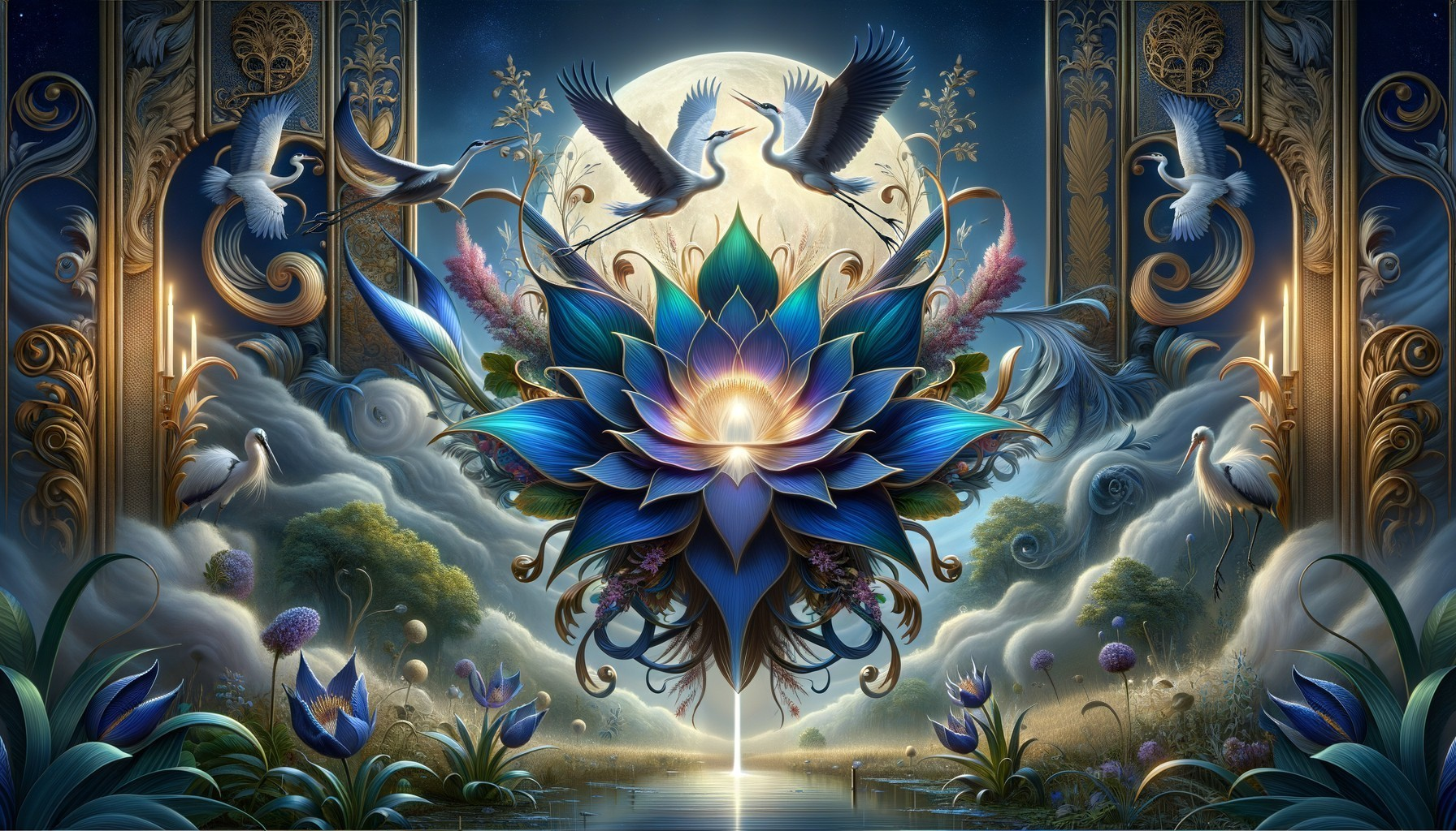 Mystical Blue Lotus Flower with Cranes and Moonlight