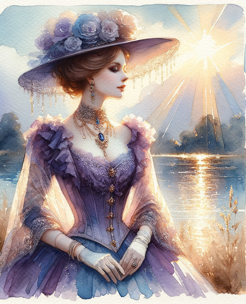 Elegant Woman in Lavender Gown by Shimmering Lake