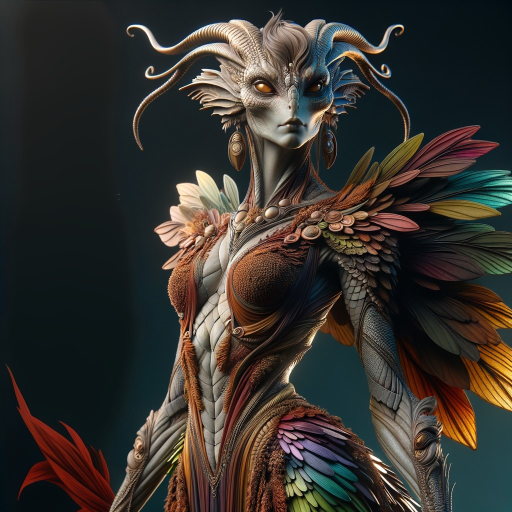 Colorful feathered humanoid creature with horns and reptilian gaze