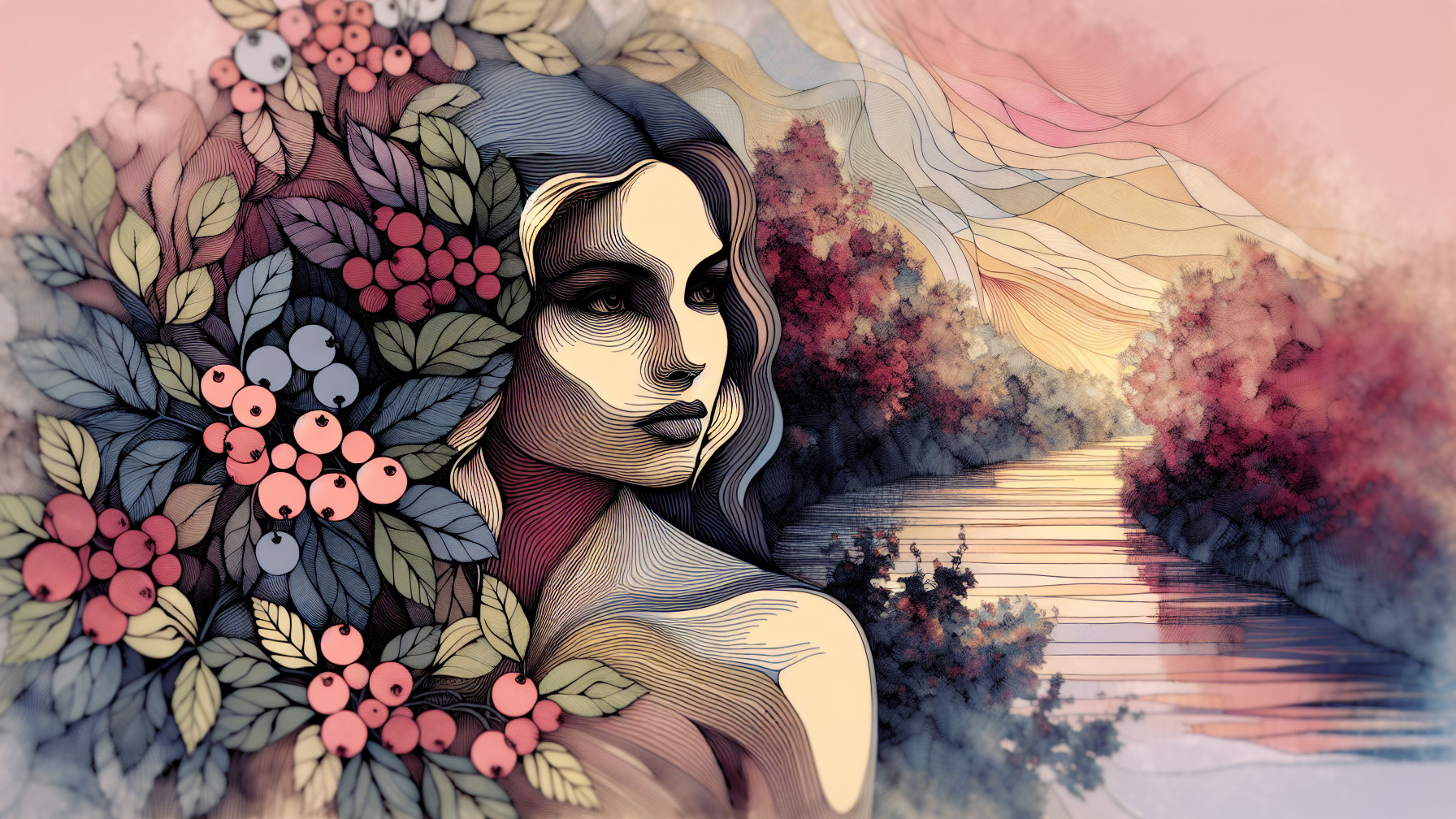 Stylized Woman with Hair and Vibrant Foliage
