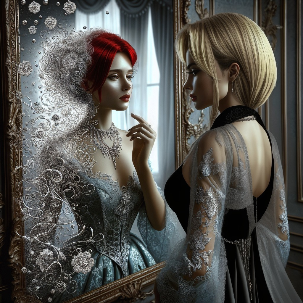 Elegant Women in Opulent Room with Floral Reflection