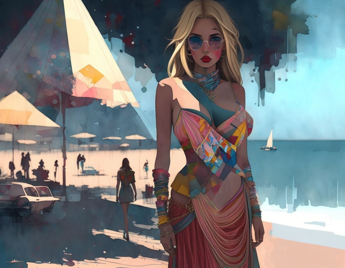 Stylish Woman in Artistic Dress at Beach Scene