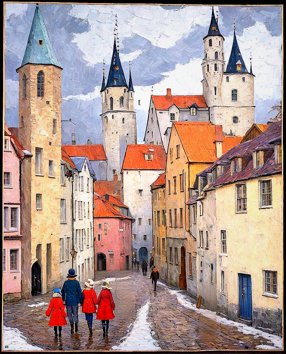 Colorful painting: Three people on snowy street with pastel buildings & fairytale spires