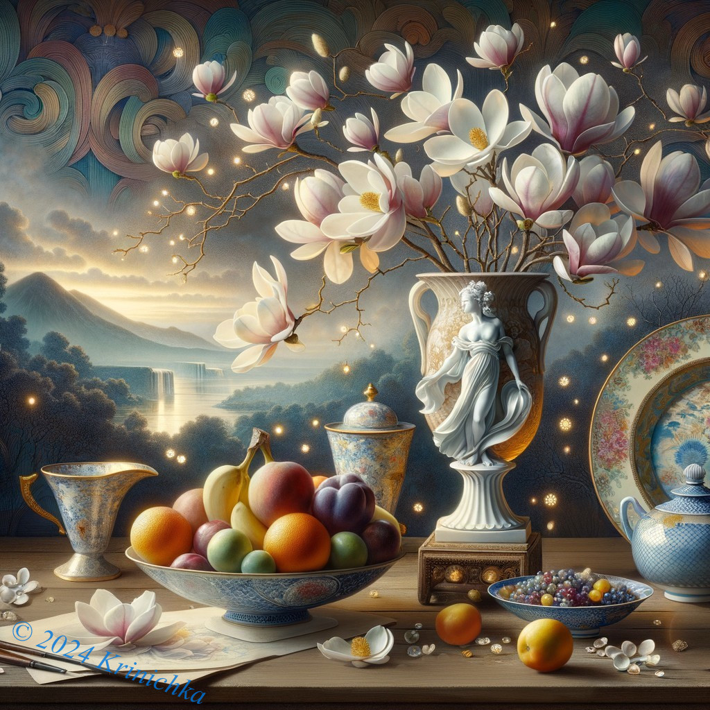 Still Life with Magnolia Vase and Serene Landscape