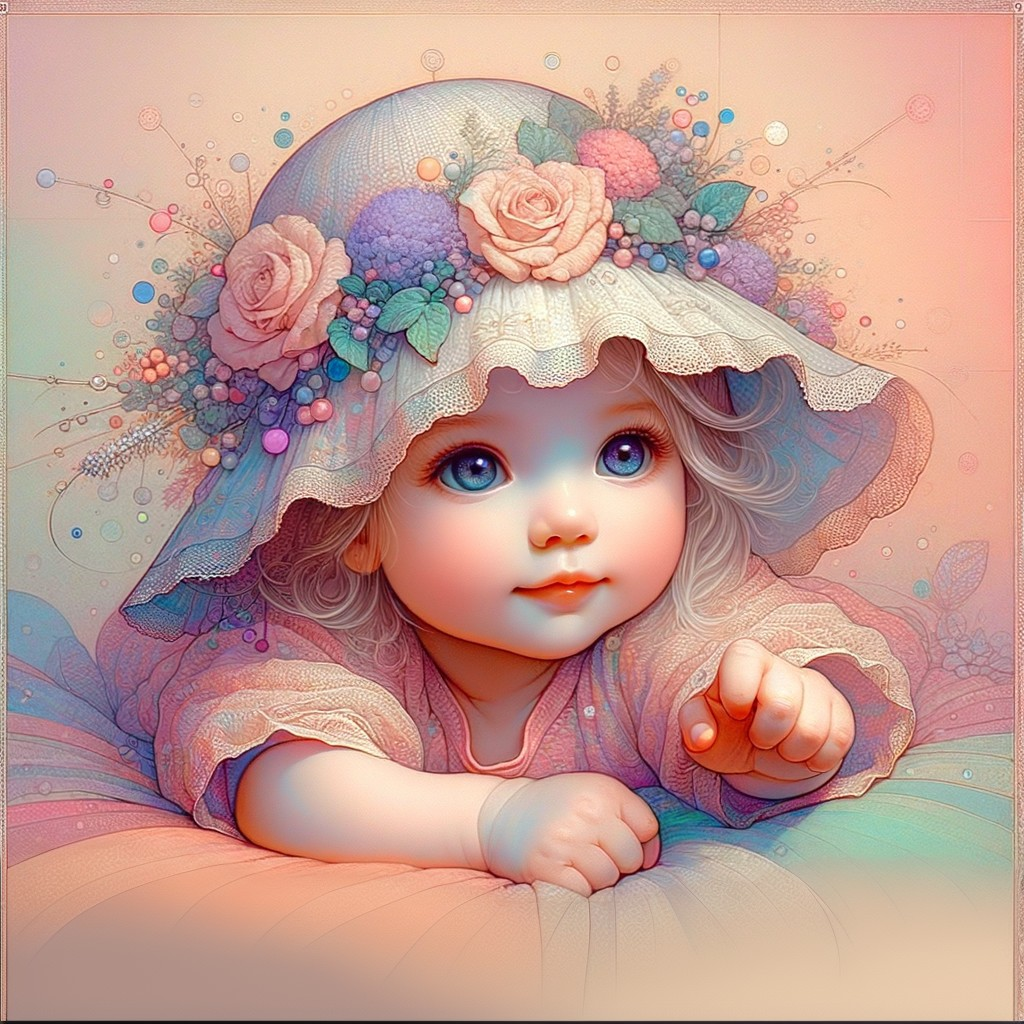 Illustration of a Baby with Big Blue Eyes and Hat