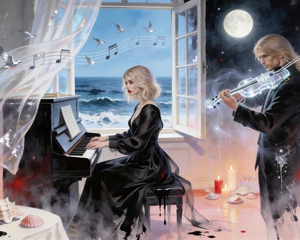 Blonde Woman Playing Piano with Sea View and Violinist