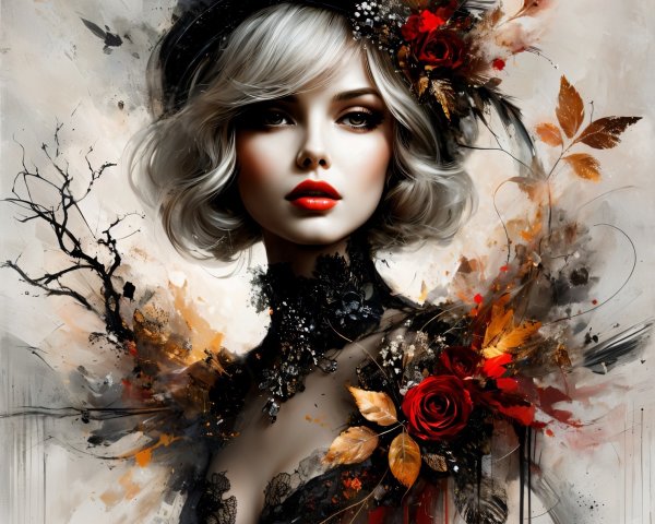 Portrait of a Woman with Silver-Blonde Hair and Roses