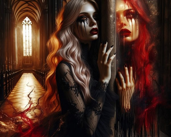 Gothic Cathedral Scene with Haunting Figures and Shadows