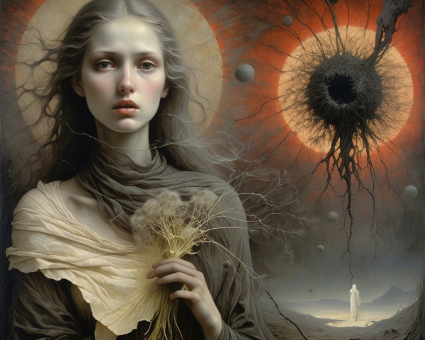 Surreal Landscape with Young Woman and Celestial Scene