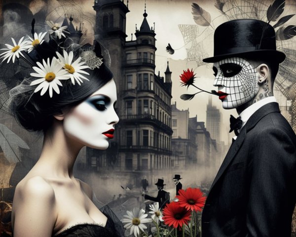 Mysterious Woman and Dapper Man in Gothic Cityscape