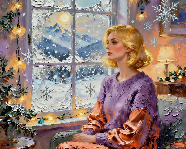Detailed Oil Painting of Woman by Icy Window