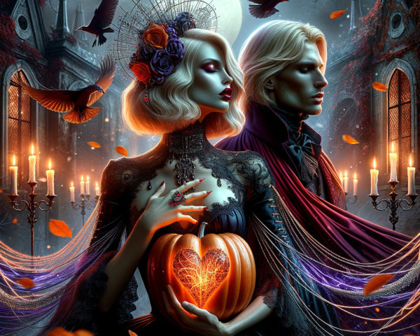 Gothic Scene of Pale Couple with Moonlit Backdrop
