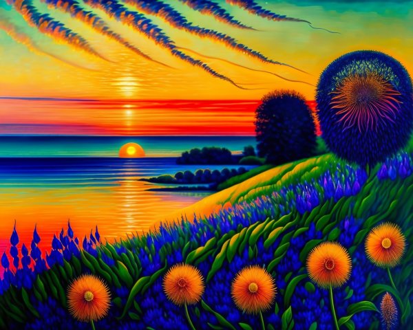 Vibrant Sunset Landscape with Serene Lake and Hills