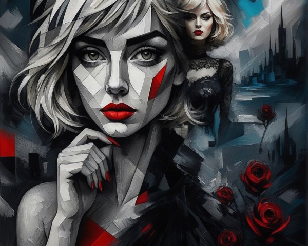 Portrait of a Woman with Geometric Patterns and Roses