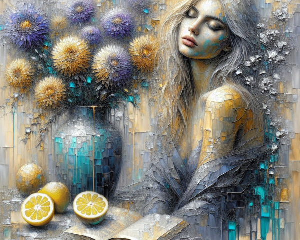 Textured Portrait of Serene Woman with Flowers and Book