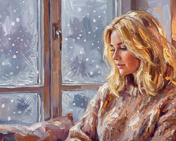 Oil Painting of Young Woman by Frosted Window