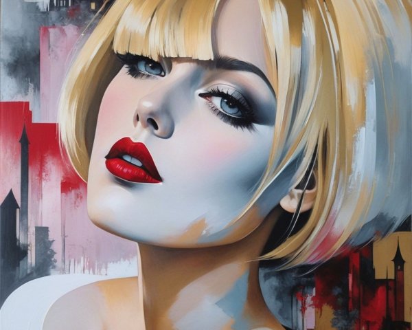 Portrait of a Woman with Blonde Bob and Bold Red Lips