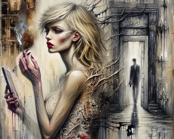 Striking Artwork of Woman with Blonde Hair and Cigarette