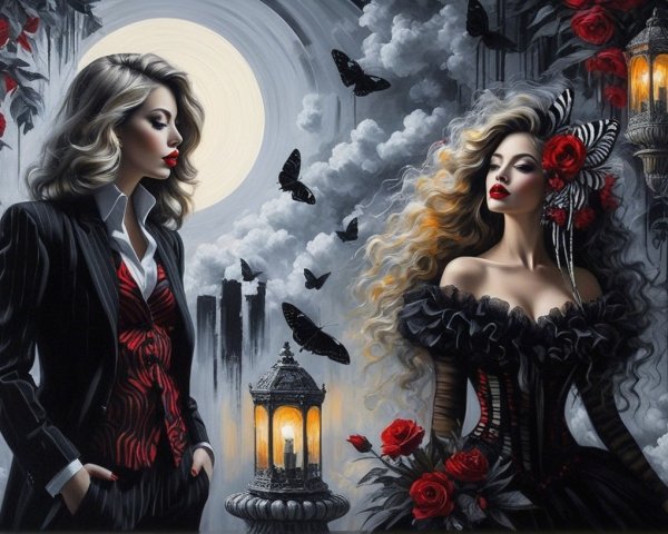 Elegant Women in Gothic Setting with Full Moon