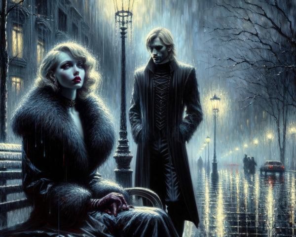 Vintage Glamour on a Rain-Soaked Street at Night