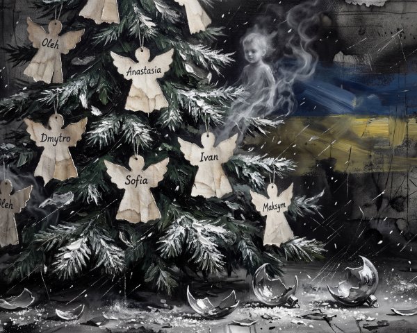 Digital Painting of a Christmas Tree with Angels and Ghosts